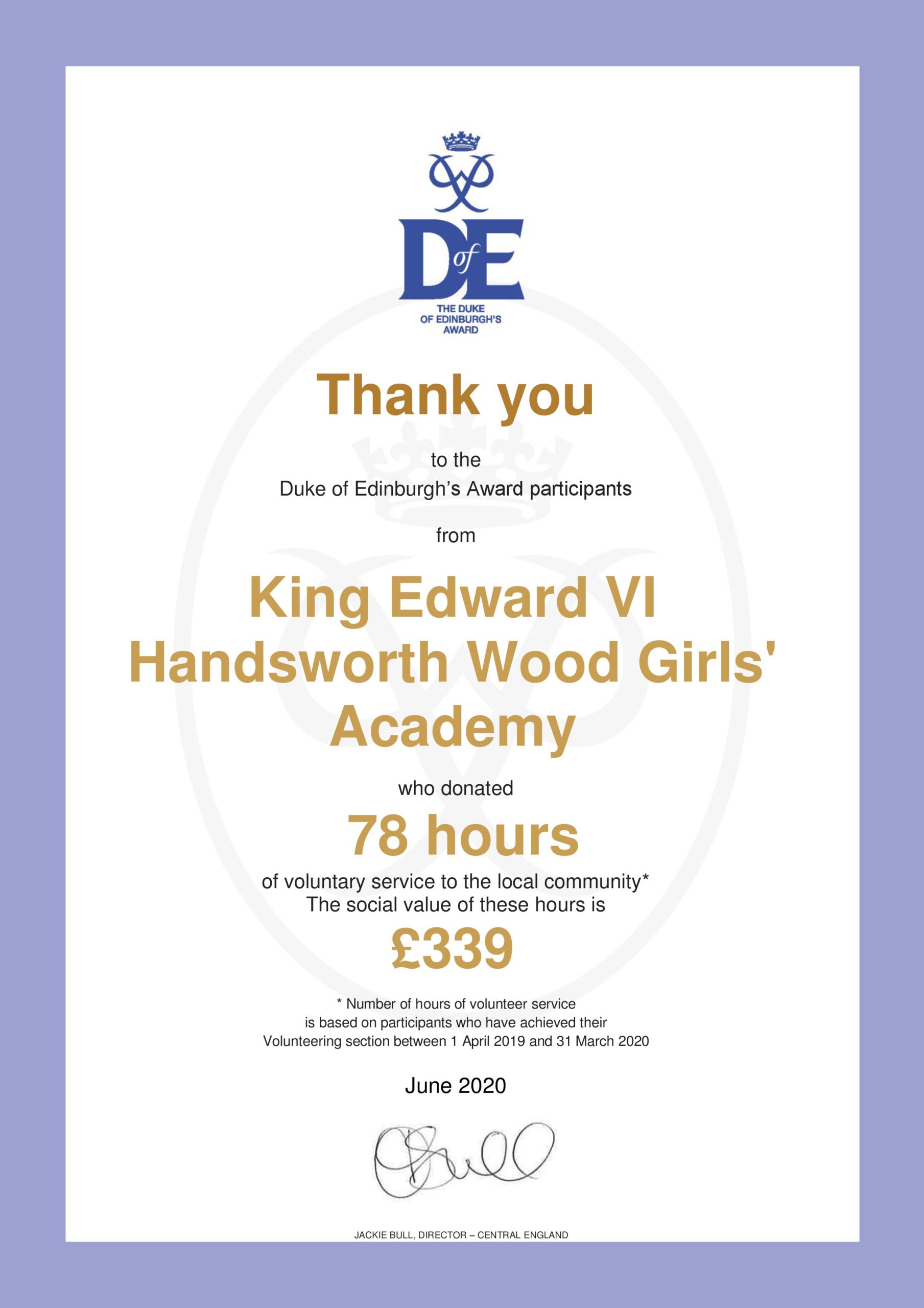DofE VOLUNTEER HOUR CERTIFICATE King Edward VI Handsworth Wood Girls