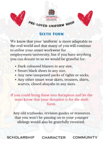 request for sixth form uniform donations 