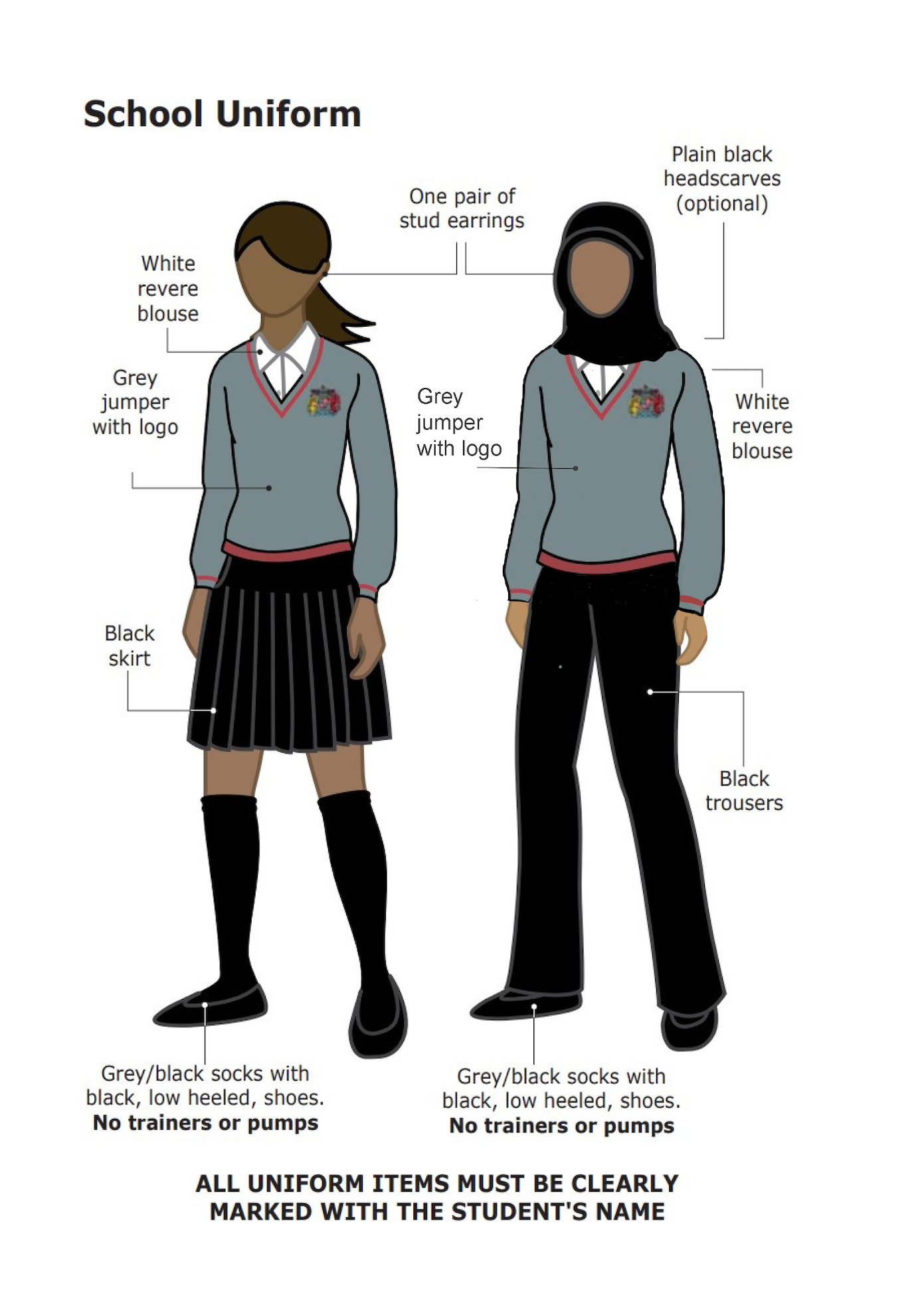 a cartoon image of 2 school girls dressed in the school uniform as described in the text